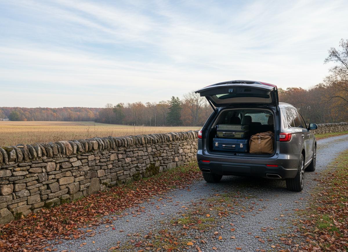 The open tailgate of a grey SUV parked on a gravel lane beside a fieldstone wall, three hard-shell suitcases and a leather duffel loaded in the back
