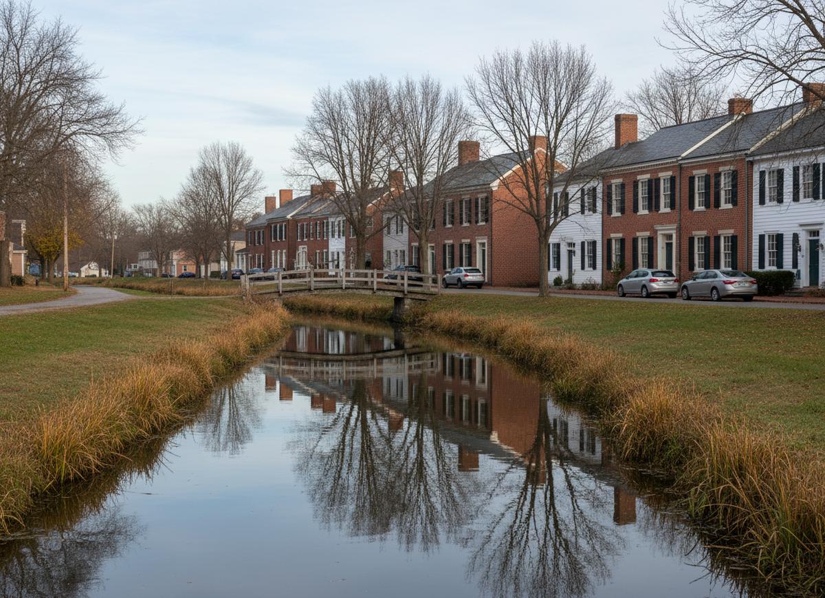 The old Branch Canal at Delaware City, a small wooden footbridge and a row of brick and clapboard houses along the far bank in late autumn