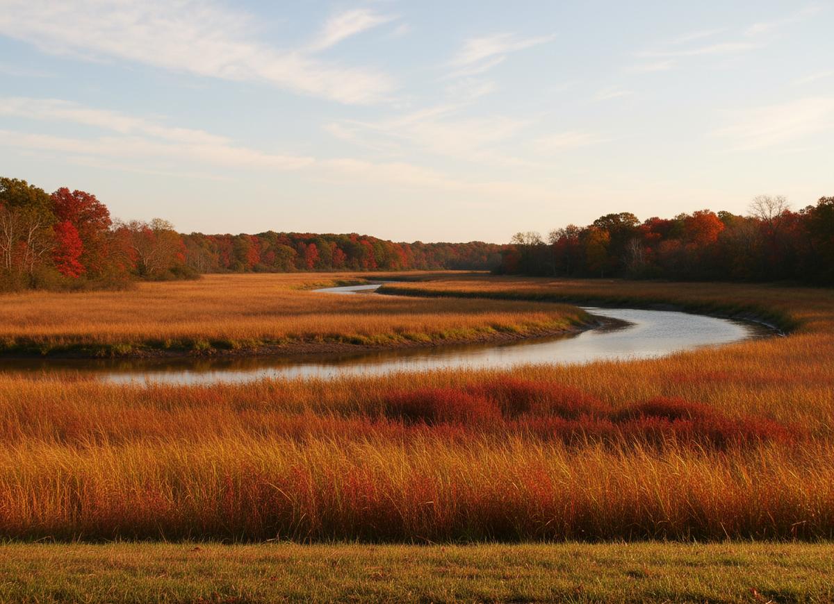 Tidal marsh of the Christina River at the northern edge of Bear, rust and gold grasses around a winding channel and autumn woods behind