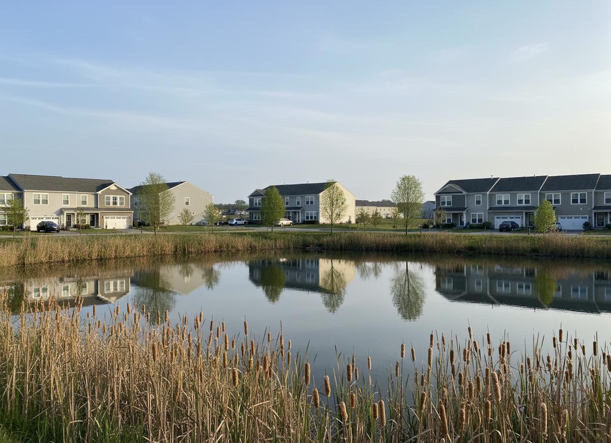 A cattail-ringed pond in Glasgow with rows of two-storey townhouses across the water reflected on a calm spring evening