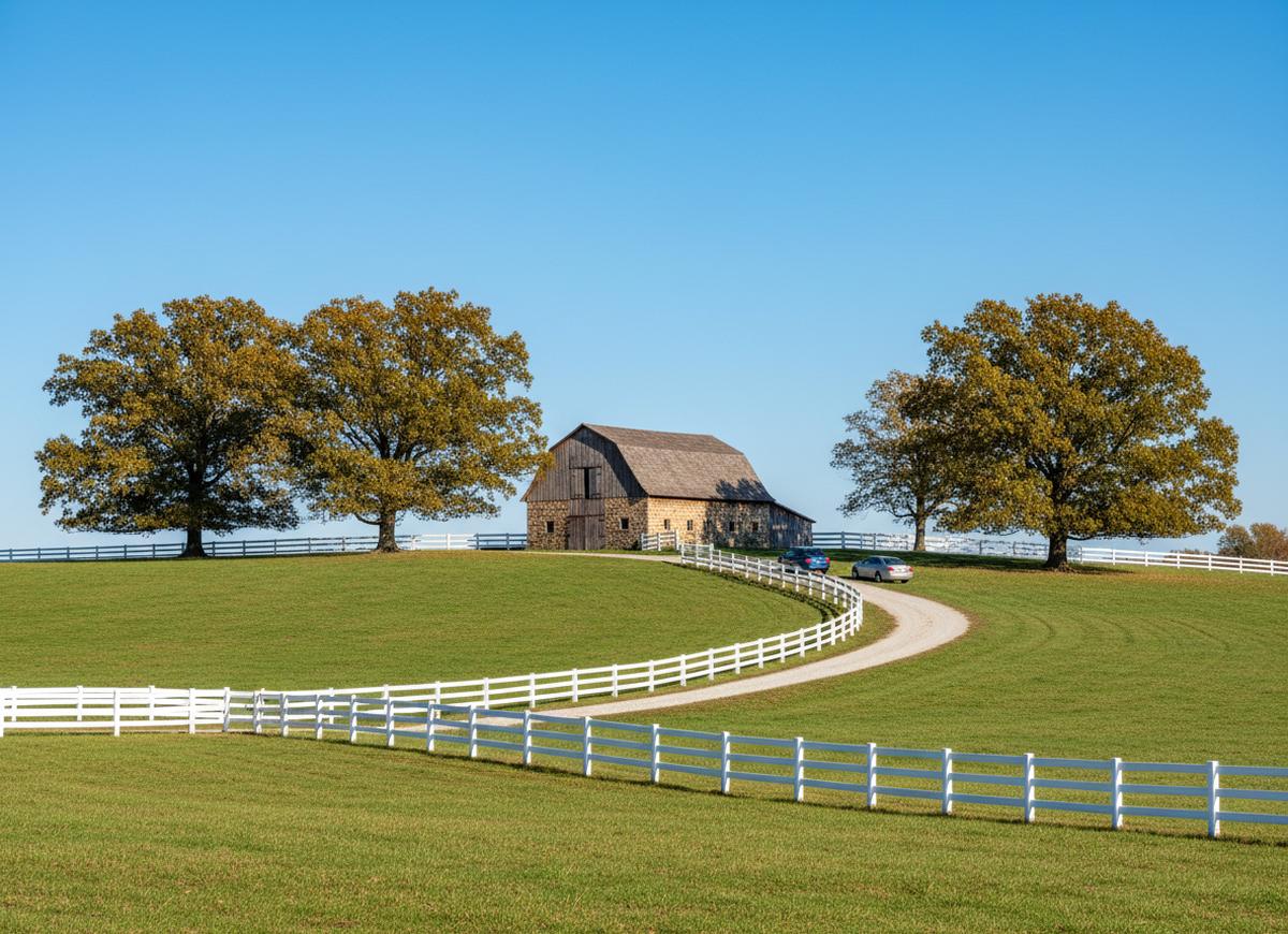 A white board fence winding across a green pasture near Hockessin toward a fieldstone bank barn, big oaks on the hilltop and two small cars by the barn