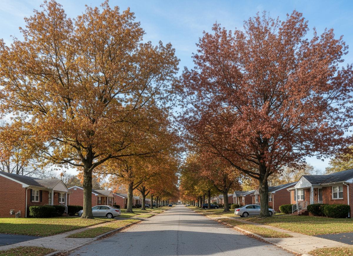 A street of single-storey brick ranch houses under tall oaks in Brookside, cars parked at the curb and leaves turning red and gold