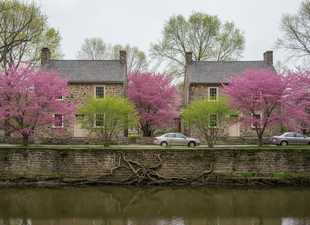 Two fieldstone houses of the old mill village rising behind a mossy stone wall across the Brandywine Creek, redbud in bloom and two cars parked along the top of the wall