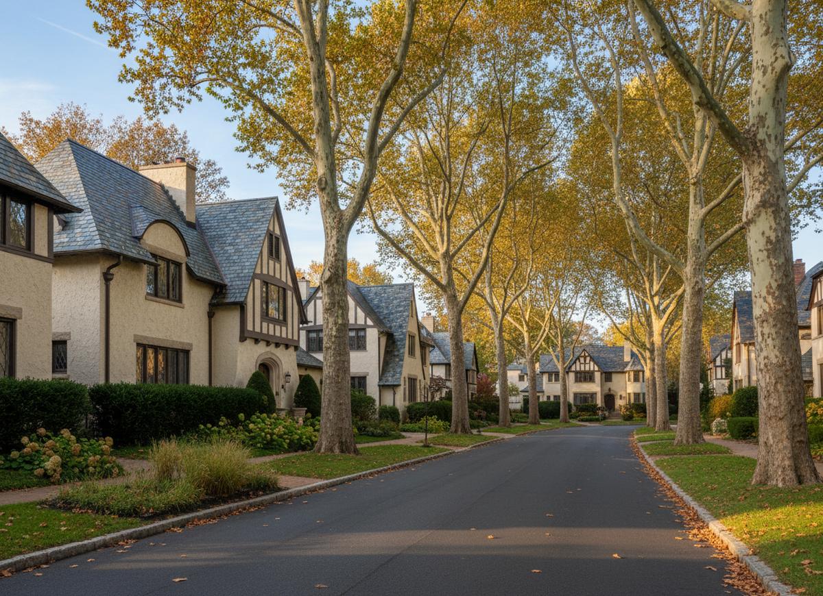 A curving street of stucco and half-timbered houses with slate roofs in Wawaset Park, tall sycamores lining the curb in October light