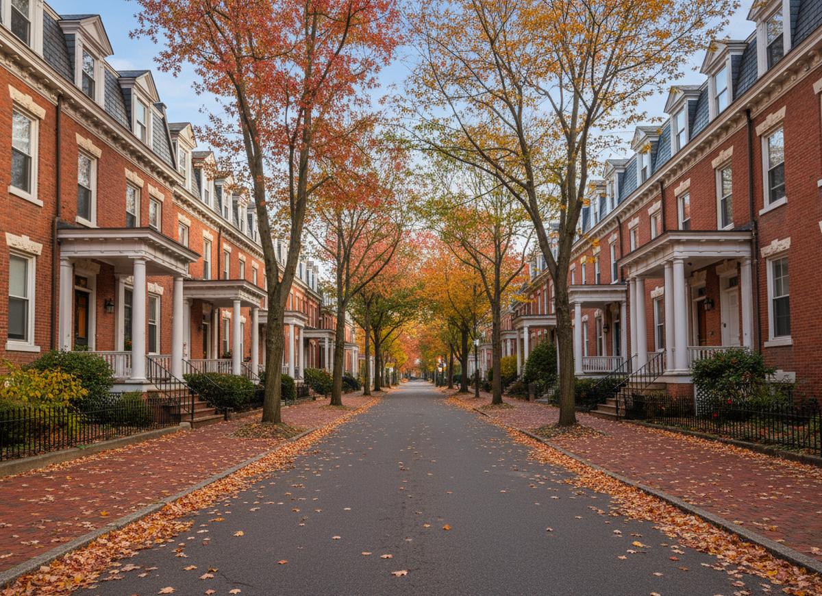 A long street of three-storey red-brick rowhouses with columned porches and slate mansard roofs in the Highlands, autumn trees along both brick sidewalks