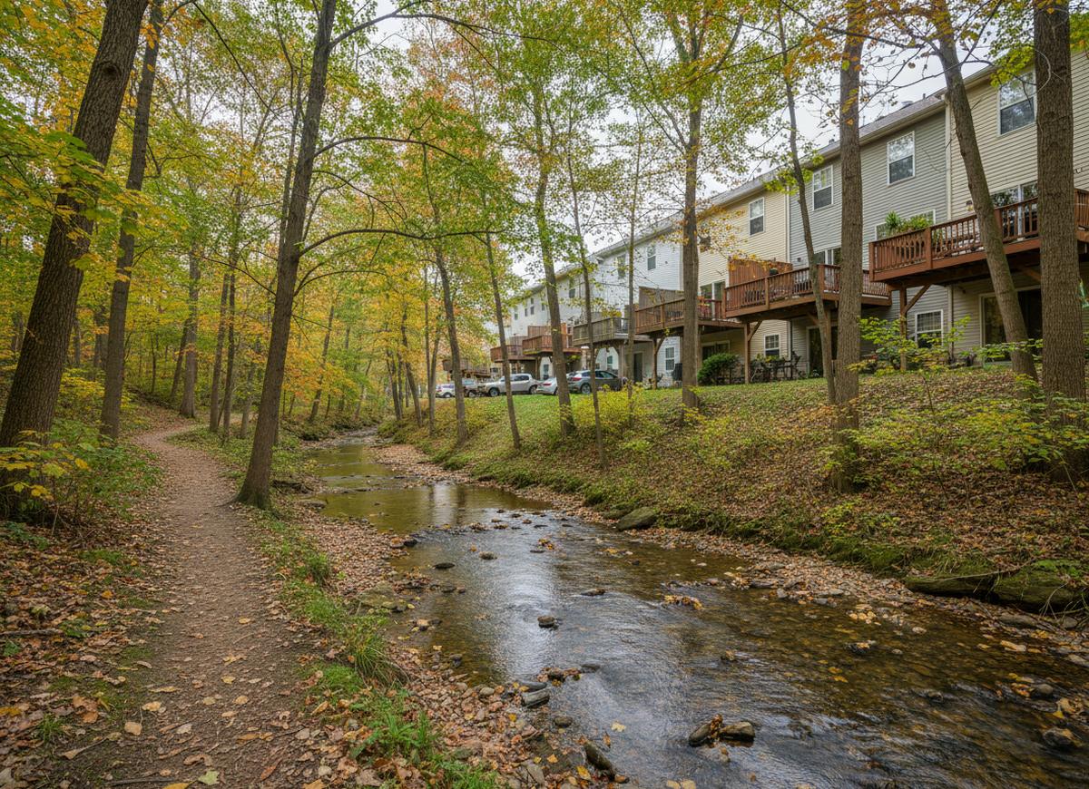 A shallow creek and a dirt footpath in the wooded Pike Creek valley, with the back decks of a row of townhouses on the slope above