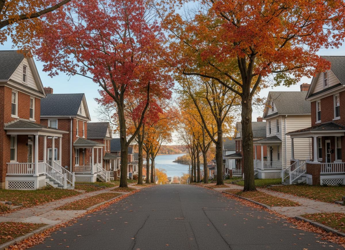 A sloping street of brick and clapboard houses with white porches in Bellefonte, red and orange maples on both sides and the Delaware River at the bottom of the hill